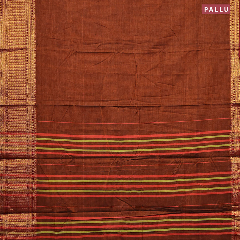 Narayanpet cotton saree rust shade and maroon with plain body and zari woven border