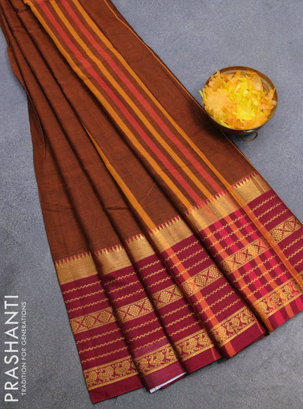 Narayanpet cotton saree rust shade and maroon with plain body and long zari woven border