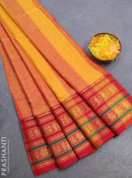 Narayanpet cotton saree dual shade of mustard yellow and red with plain body and long annam zari woven border