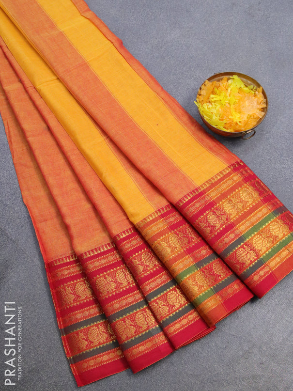 Narayanpet cotton saree dual shade of mustard yellow and red with plain body and long annam zari woven border