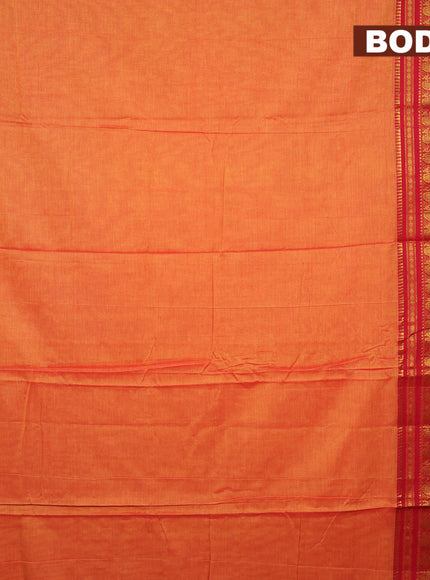 Narayanpet cotton saree dual shade of mustard yellow and red with plain body and long annam zari woven border