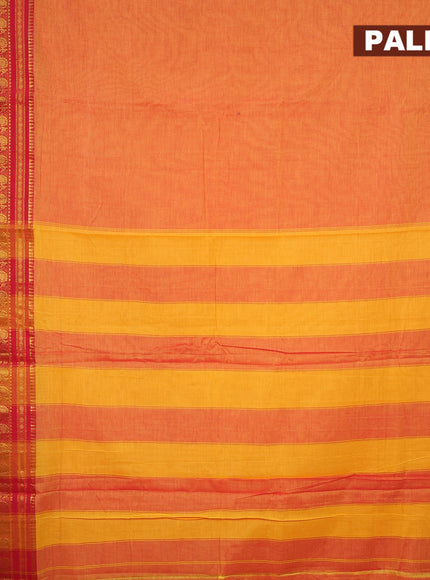 Narayanpet cotton saree dual shade of mustard yellow and red with plain body and long annam zari woven border