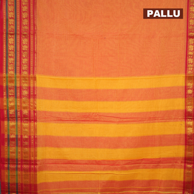 Narayanpet cotton saree dual shade of mustard yellow and red with plain body and long annam zari woven border