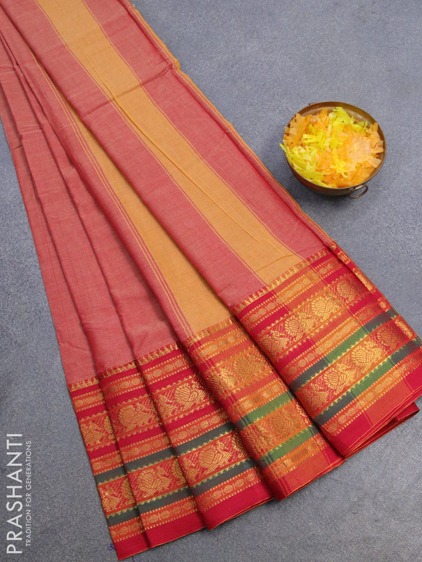 Narayanpet cotton saree red shade and red with plain body and long annam zari woven border