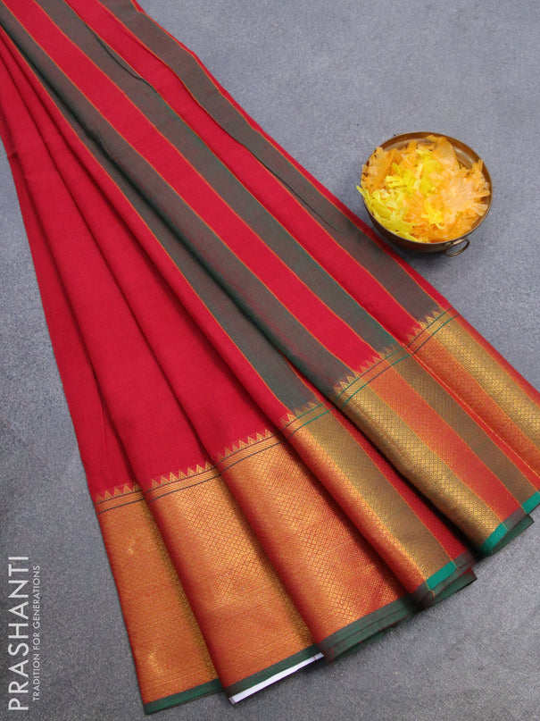 Narayanpet cotton saree red and green with plain body and long zari woven border