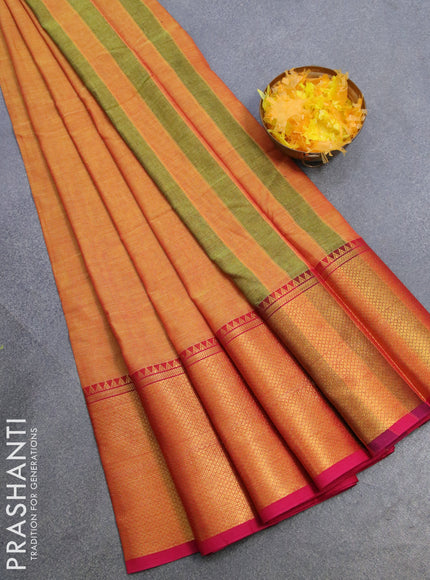 Narayanpet cotton saree dual shade of mustard yellow and pink with plain body and long zari woven border