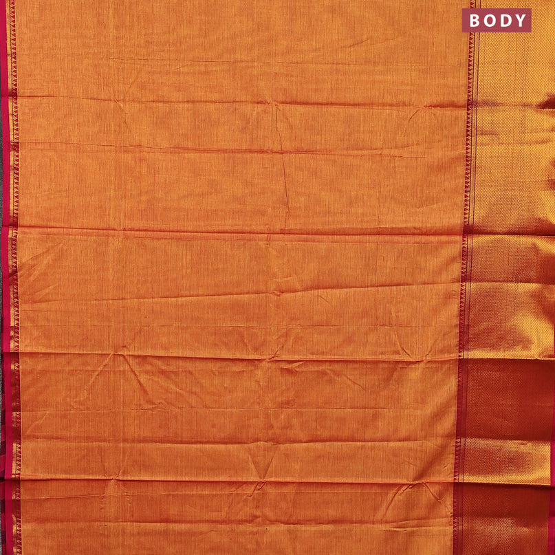 Narayanpet cotton saree dual shade of mustard yellow and pink with plain body and long zari woven border