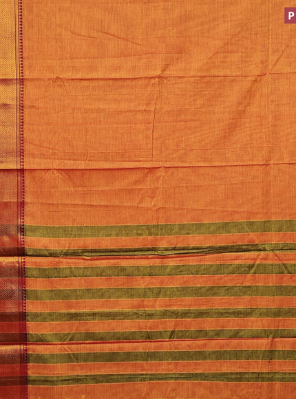 Narayanpet cotton saree dual shade of mustard yellow and pink with plain body and long zari woven border