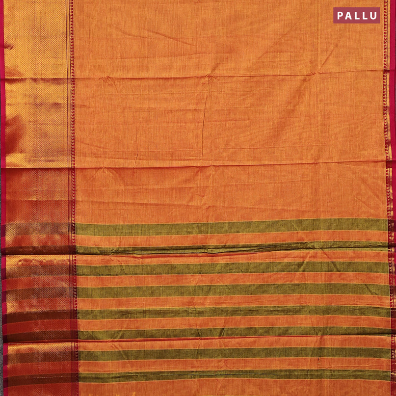 Narayanpet cotton saree dual shade of mustard yellow and pink with plain body and long zari woven border