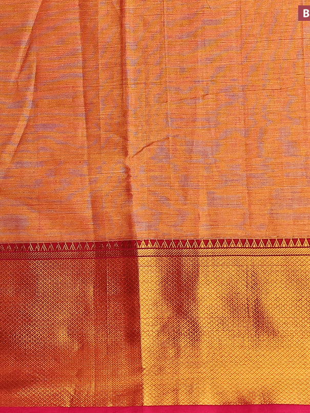 Narayanpet cotton saree dual shade of mustard yellow and pink with plain body and long zari woven border