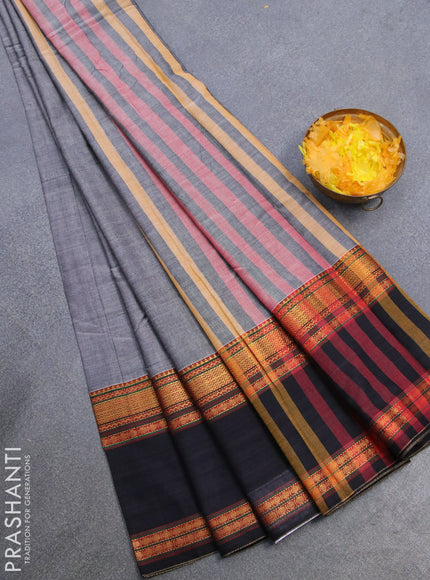 Narayanpet cotton saree grey and black with plain body and rettapet zari woven border