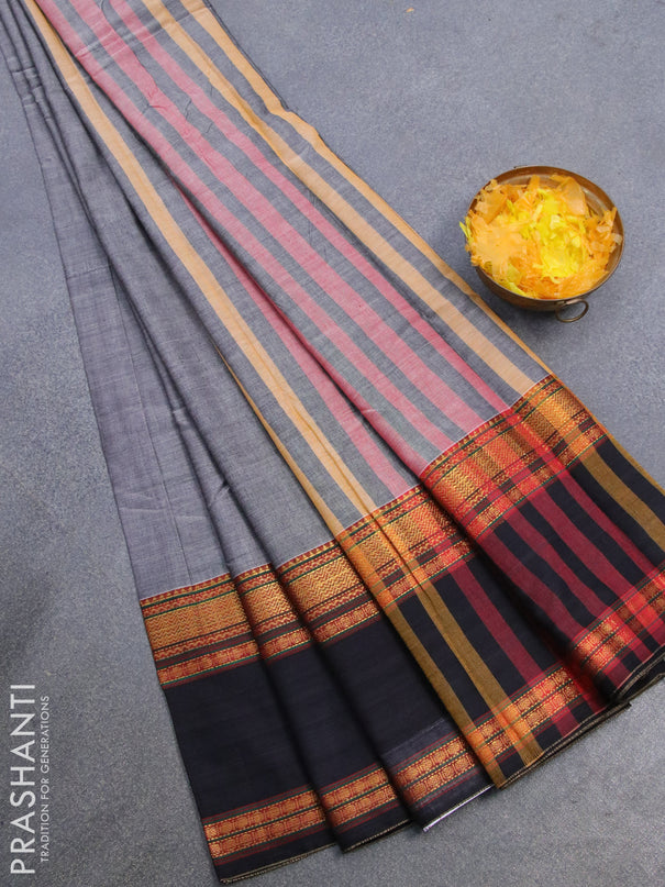 Narayanpet cotton saree grey and black with plain body and rettapet zari woven border