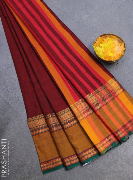 Narayanpet cotton saree maroon and mustard yellow with plain body and rettapet zari woven border