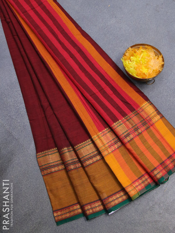 Narayanpet cotton saree maroon and mustard yellow with plain body and rettapet zari woven border