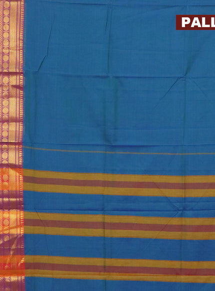 Narayanpet cotton saree dual shade of bluish green and purple with plain body and long rudhraksha zari woven border