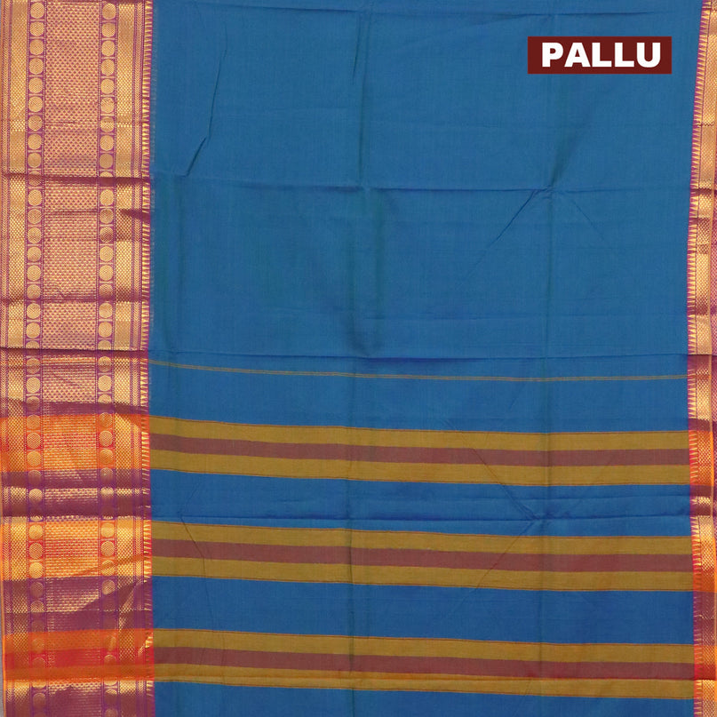 Narayanpet cotton saree dual shade of bluish green and purple with plain body and long rudhraksha zari woven border