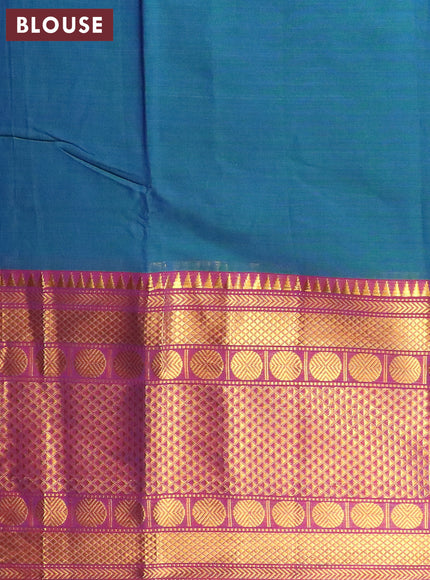 Narayanpet cotton saree dual shade of bluish green and purple with plain body and long rudhraksha zari woven border