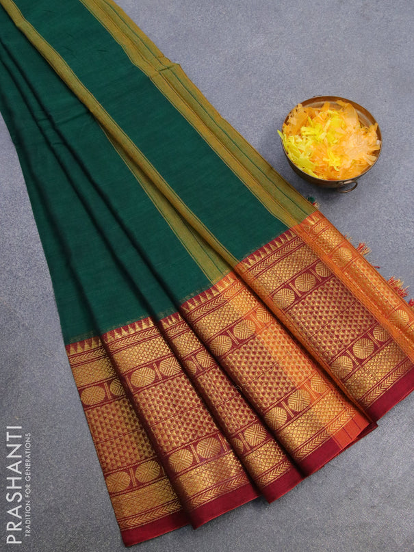 Narayanpet cotton saree green and maroon with plain body and long rudhraksha zari woven border