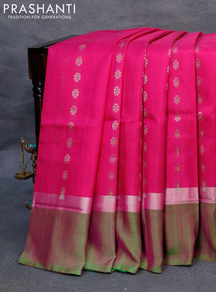 Pure uppada silk saree pink and green with allover thread & silver zari woven floral buttas and zari woven simple border