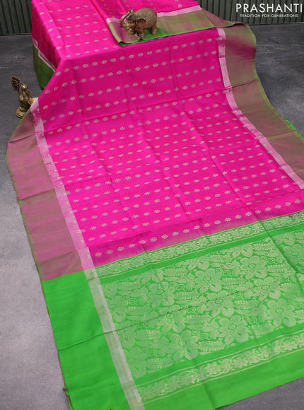 Pure uppada silk saree pink and green with allover thread & silver zari woven floral buttas and zari woven simple border