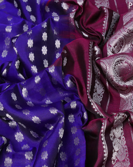 Pure uppada silk saree blue and magenta pink with allover silver zari woven floral buttas and silver zari woven ikat style border