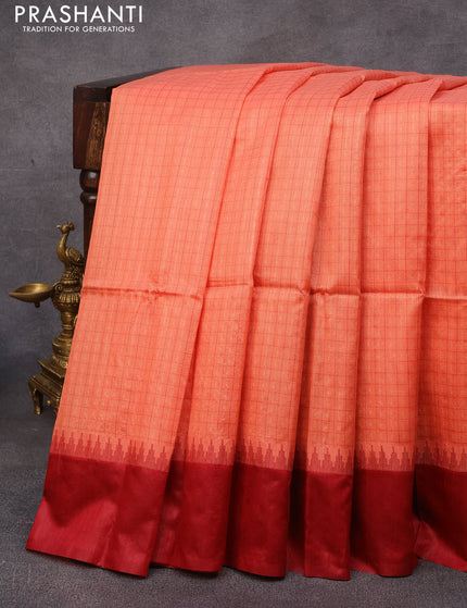 Semi tussar saree peach orange and maroon with allover checked pattern & zari weaves and temple woven simple border