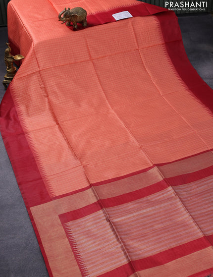 Semi tussar saree peach orange and maroon with allover checked pattern & zari weaves and temple woven simple border