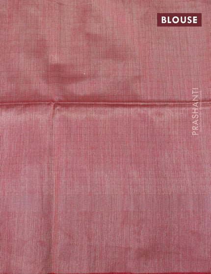 Semi tussar saree peach orange and maroon with allover checked pattern & zari weaves and temple woven simple border