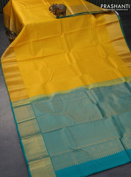 Pure kanjivaram silk saree yellow and teal green with allover zari checks & buttas and rich zari woven border