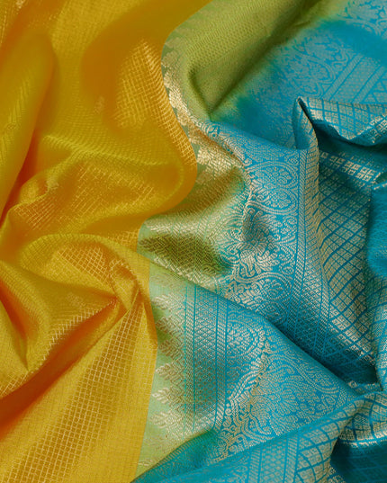 Pure kanjivaram silk saree yellow and teal green with allover zari checks & buttas and rich zari woven border