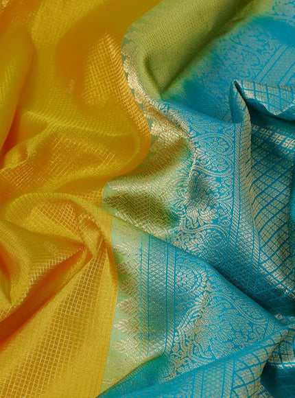 Pure kanjivaram silk saree yellow and teal green with allover zari checks & buttas and rich zari woven border