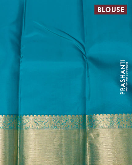 Pure kanjivaram silk saree yellow and teal green with allover zari checks & buttas and rich zari woven border