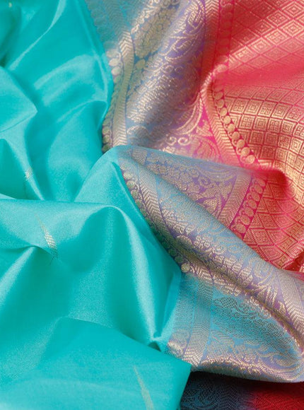 Pure kanjivaram silk saree teal blue and pink with zari woven buttas and floral zari woven border