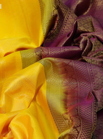 Pure kanjivaram silk saree yellow and deep purple with allover zari weaves and zari woven border