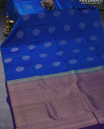 Pure kanjivaram silk saree cs blue and deep violet with zari woven leaf buttas in borderless style
