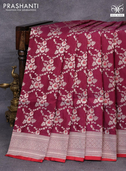 Pure banarasi uppada silk saree deep maroon and red with allover zari woven floral weaves and zari woven border