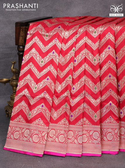 Pure banarasi uppada silk saree red and pink with allover zari woven zig zag weaves and zari woven border