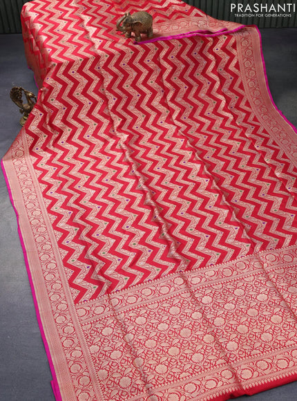 Pure banarasi uppada silk saree red and pink with allover zari woven zig zag weaves and zari woven border