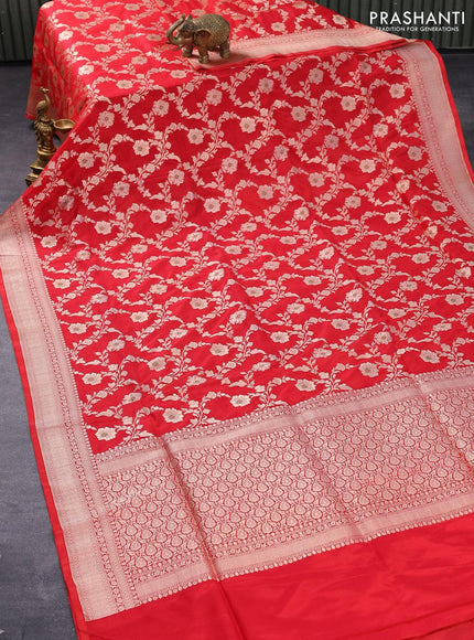 Pure banarasi uppada silk saree red with allover zari woven floral weaves and zari woven border