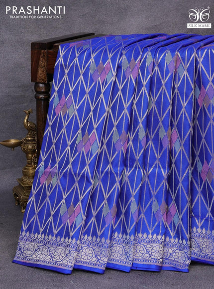 Pure banarasi uppada silk saree blue with allover geometric weaves and zari woven border