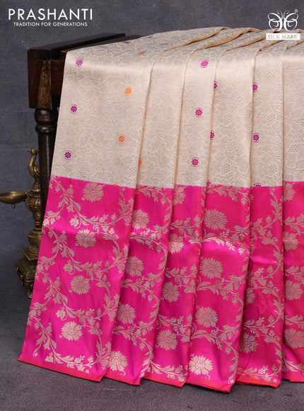 Pure banarasi uppada silk saree cream and candy pink with allover zari woven brocade weaves and long rich zari woven border