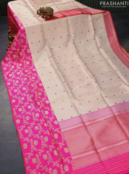 Pure banarasi uppada silk saree cream and candy pink with allover zari woven brocade weaves and long rich zari woven border