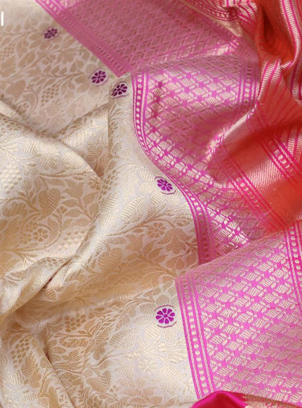 Pure banarasi uppada silk saree cream and candy pink with allover zari woven brocade weaves and long rich zari woven border