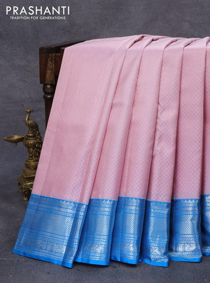 Pure kanjivaram silk saree light pink and cs blue with allover silver zari woven brocade weaves and silver zari woven border