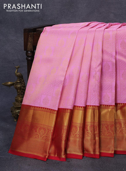 Pure kanjivaram silk saree candy pink and red with allover zari woven brocade weaves and long zari woven border