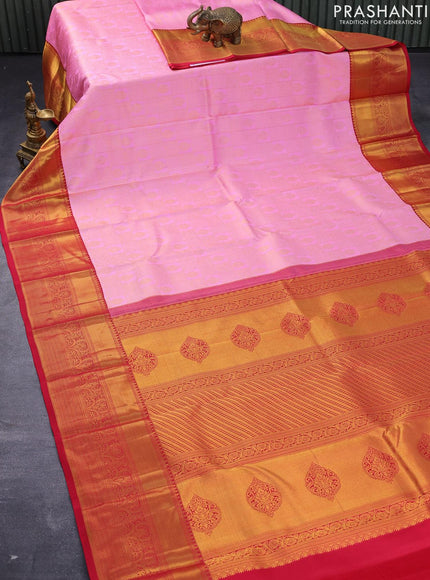 Pure kanjivaram silk saree candy pink and red with allover zari woven brocade weaves and long zari woven border