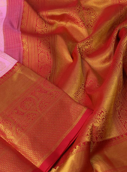 Pure kanjivaram silk saree candy pink and red with allover zari woven brocade weaves and long zari woven border