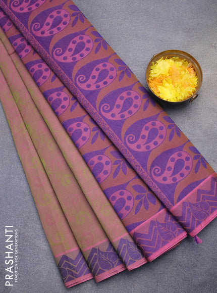 Coimbatore cotton saree dual shade of pinkish green and blue with allover self emboss and thread woven border