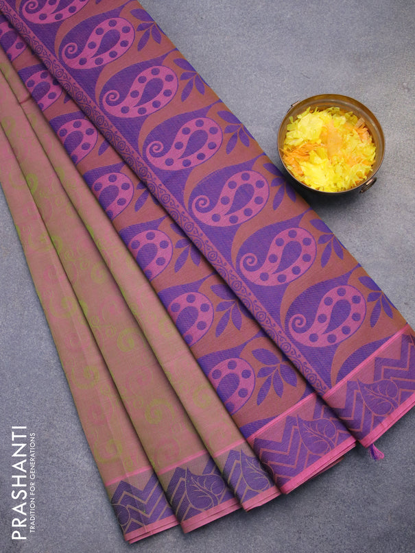 Coimbatore cotton saree dual shade of pinkish green and blue with allover self emboss and thread woven border