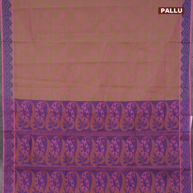 Coimbatore cotton saree dual shade of pinkish green and blue with allover self emboss and thread woven border